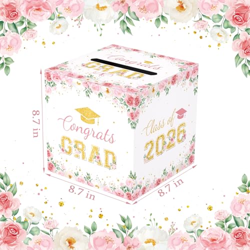 JCTHKUKU Floral Graduation Card Box 2026, Pink Flower Congrats Grad Card Holder Box, Graduation Party Money and Gift Card ...