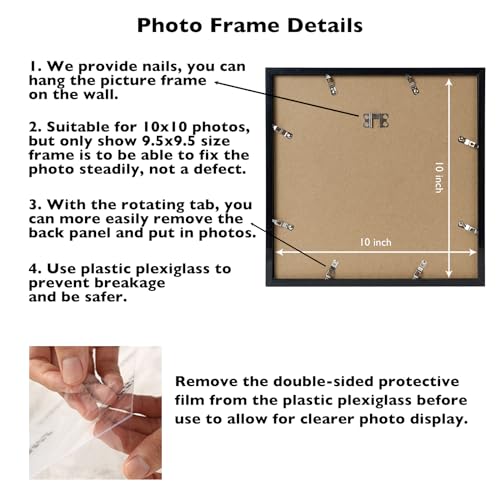 JCJMY 10x10 Picture Frame Black for Wall Hanging, Wall Mounting Horizontally or Vertically, 10 x 10 Square Wall Gallery Po...