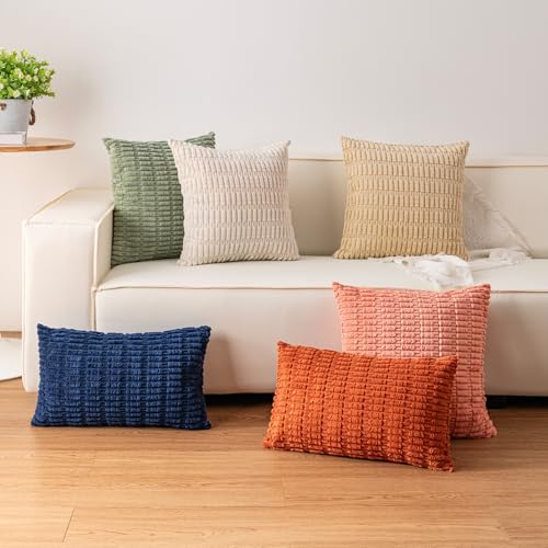 Aegero Pack of 2 Corduroy Decorative Throw Pillow Covers 18x18 Inch Soft Striped Pillow Covers Modern Farmhouse Home Decor...