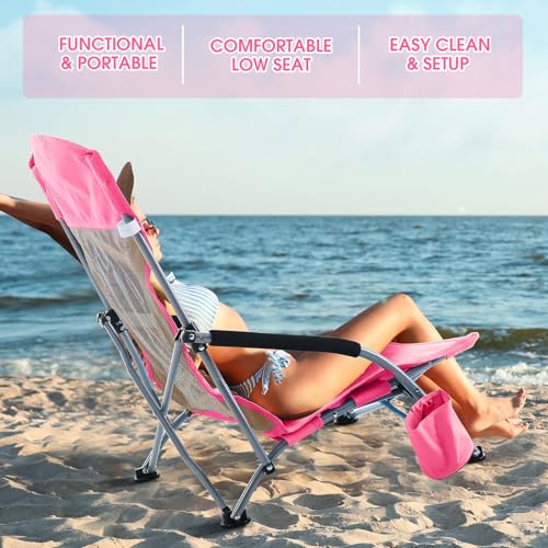 Huwena 2 Pack Beach Chairs with Umbrella for Adults, Low Folding Chair Set, Adjustable Detachable Umbrella, Lightweight Po...