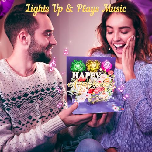 Anniversary Card, Music & Light Pop up Valentine's Card with Fireworks Flowers Gifts for Him Her Husband Wife Couple (Purple)