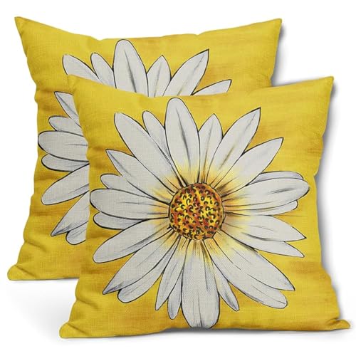 Summer Daisy Floral Pillow Covers 18X18 Inch Set of 2 White Petal Flower Bloom Decorative Pillow Cases Yellow Seasonal Cot...