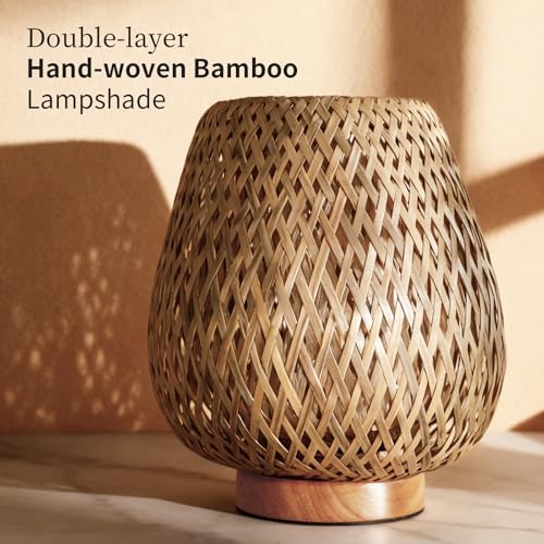 URLIGHTS Table Lamp with Double Layer Woven Shade Wood Base,Desk Bedside Small Lamps with 6ft Power Cord, 110V Plug, Dimma...