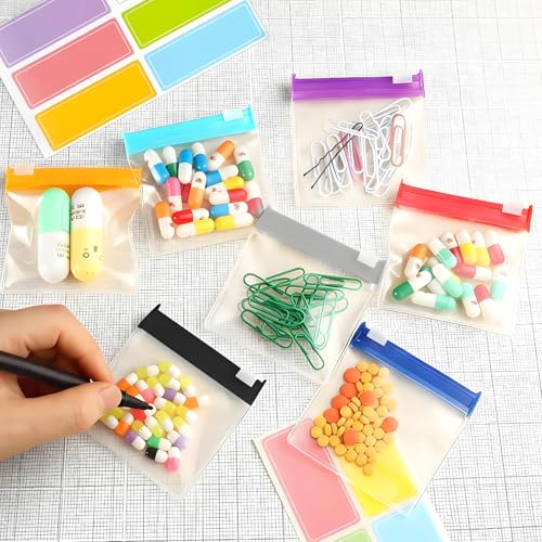 Mini Zipper Pouch Set–14 Small Reusable Clear Zip Lock Bags with Writable Labels for Travel,Medicine,Makeup,Pills,Tiny Cos...