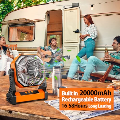 20000mAh Battery Powered Camping Fan, 58Hrs Rechargeable Portable Fan, 400LM Light, 360° Hook, Whisper Quiet Battery Opera...