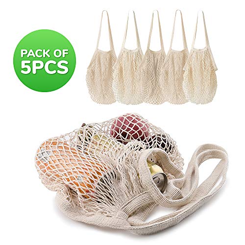 MERCURHOUSE 5 pack Cotton String Shopping Bags Reusable Washable Grocery Mesh Bags Organizer for Grocery Shopping Produce ...