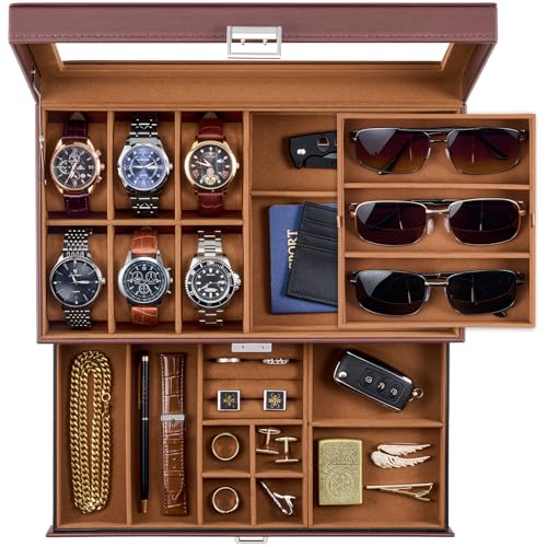 ProCase Mens Jewelry Box, Lockable 6 Slot Watch Case & 3 Slot Sunglasses Organizer, 2-layer Mens Jewelry Organizer Watch B...