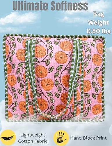 Third Eye Export 100% Cotton Quilted Tote Bag For Women 18x16– Large Zipper Reusable Beach Bag & Travel Bag Purse
