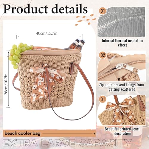 Dansydaisy Insulated Beach Woven Cooler Bag for Women, Leak Proof Summer Straw Bag with Zipper, Picnic & Pool, Stylish Str...