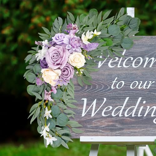Roahosy Wedding Arch Flowers (Pack of 2), Purple Flower Swag Wedding Welcome Sign Floral Arrangements for Wedding Ceremony...