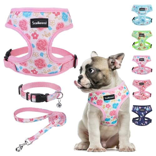 SCENEREAL Small Dog Harness Collar and Leash Set, Adjustable No Pull Pet Harnesses, No Chock Soft Mesh Vest for Doggie Pup...