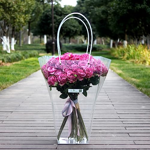 SOUJOY 10 Pack Clear Flower Bouquet Bags, Extra Large Gift Bags with Long Handles, 13''L x 8.2''W x 13.8''H Party Floral P...