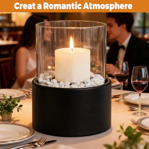 EastFlame Tabletop Hurricane Candleholder with Decorative Stones - Black Metal Candle Holder for 3" Pillar Candles and Sce...
