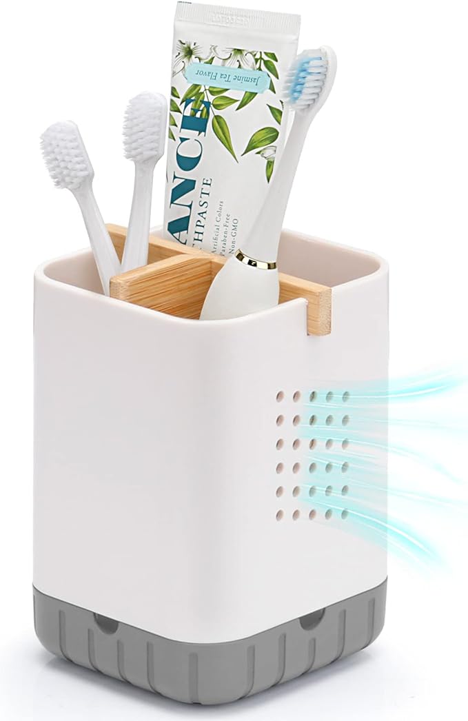Boperzi Toothbrush and Toothpaste Holder with Bamboo Divider for Bathroom Countertop Organizer, Plastic Detachable Anti-Sl...
