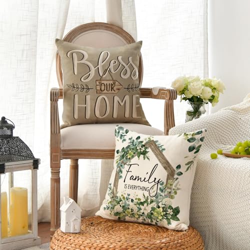 AVOIN colorlife Sweet Home Family is Everything Spring Floral Throw Pillow Covers, 18 x 18 Inch Seasonal Eucalyptus Flower...