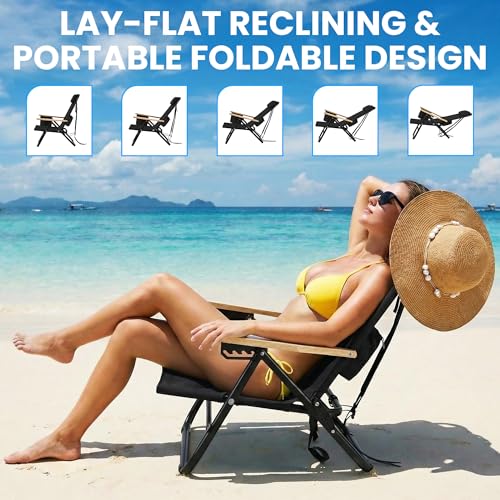 Cansky Portable Beach Chair for Adults, Outdoor Lightweight Camping Chair with Wooden Desgin Armrests, 5-Position Reclinin...