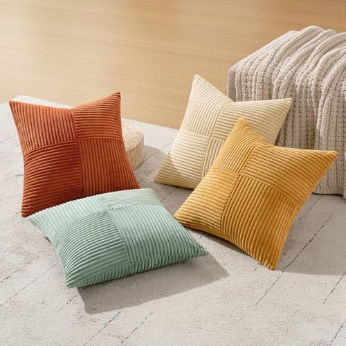 MIULEE Teal Orange Decorative Throw Pillow Covers 18x18 Inch Set of 4 Boho Corduroy Striped Cushion Cases Modern Farmhouse...