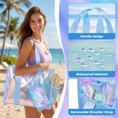 ComfyKit Iridescent Beach Bag for Women,PVC Pool Bag with Cosmetic Pouch&Phone Pouch,Summer Beach Tote for Travel & Vacation