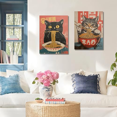 Framed Funny Black Cat Canvas Wall Art Set of 2, Vintage Japanese Cat Eating Ramen Poster, Unique Gifts and Animal Lover P...