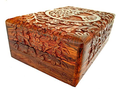 Ajuny Handcarved Wooden Decorative Treasure Chest Box 8 x 5 Inch Brown Tree Of Life Pattern - Multipurpose Use As Jewelry ...