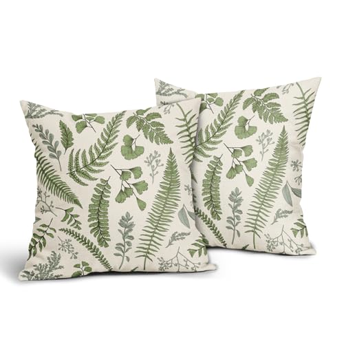 Sage Green Leaf Plant Pillow Covers 20X20 Inch Set of 2 Tropical Fern Herbs Botanical Leaves Floral Decorative Pillow Case...