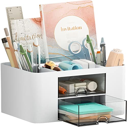 Marbrasse Pen Organizer with 2 Drawer, Multi-Functional Pencil Holder for Desk, Desk Organizers and Accessories with 5 Com...