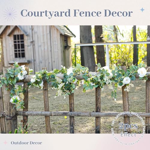 Der Rose 2 Pcs 13FT Artificial Flower Garland, White Rose & Eucalyptus Floral Garland, Faux Flower Vine for Wedding Decor ...