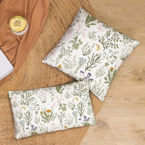 Miuyunya Spring Decorative Throw Pillow Covers Set of 4 Sage Green Couch Pillows Square Linen Wild Flower Plant Cushion Co...