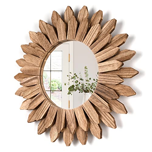 Honiway Wall Mirror Decorative 12 inch Rustic Wood Mirror Sunburst Boho Mirror for Entryway Bedroom Living Room Bathroom H...