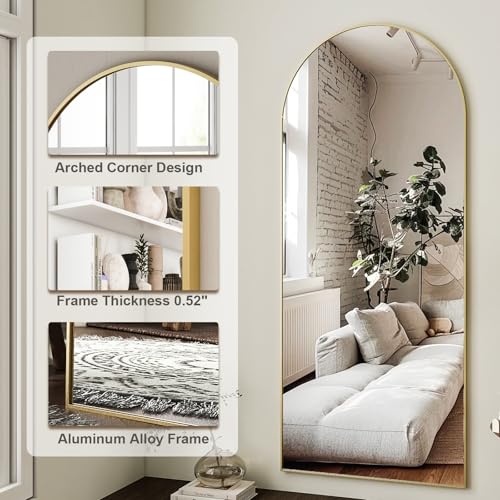 HARRITPURE 64"x21" Arched Full Length Mirror Free Standing Leaning Hanging Mounted Mirror Aluminum Frame Modern Simple Hom...