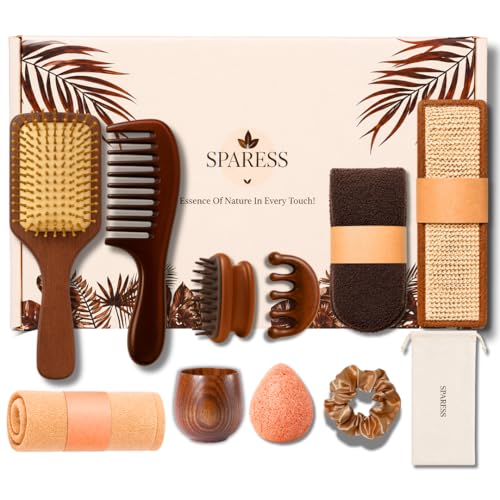 SPARESS Eco Friendly Natural Spa Set for Women Gift Box with Wooden Comb Set, Bath Strap, Gua Sha, Facial Sponge, Self Car...