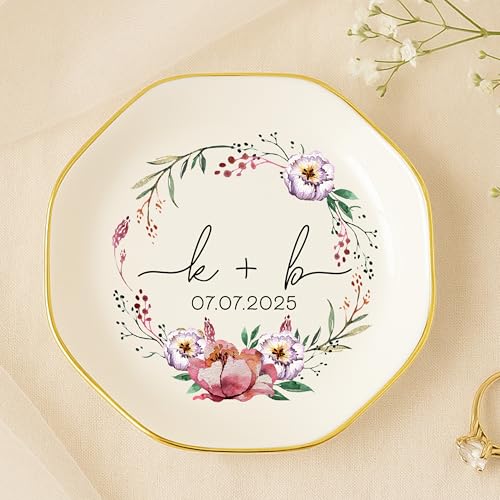 Personalized Floral Ring Dish with Couple’s Initials & Date – Custom Wedding Jewelry Holder for Bride, Engagement Ring Tra...