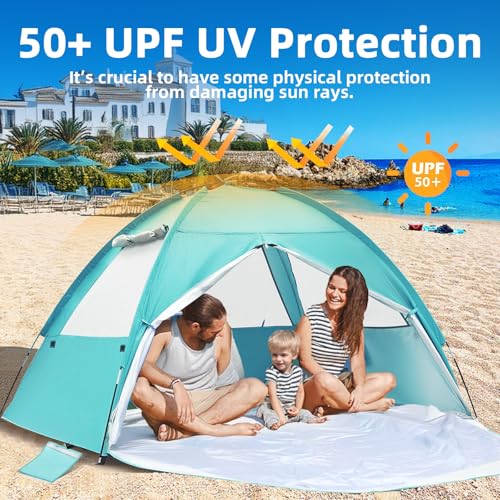 COVACURE 2026 New Upgraded Beach Tent Sun Shelter - UPF 50+ UV Protection Beach Shade for 3-4 Person, Waterproof & Lightwe...