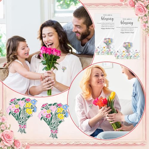Liliaafar Flower Bouquet Enamel Pins Bulk, Mother's Day Gifts for Mom, Rose Bouquet Brooches with Appreciation Cards, Insp...