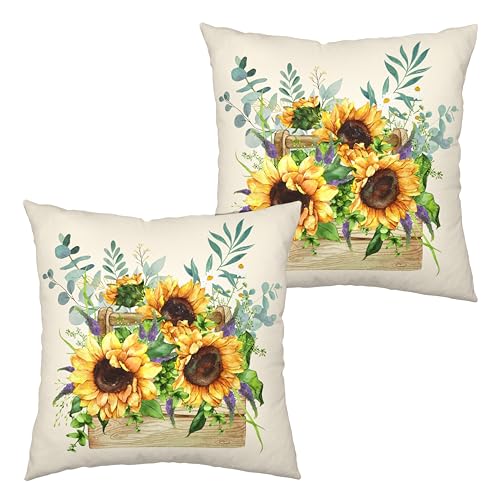 Kwlegh Sunflower Pillow Covers Spring Summer Floral Throw Pillow Covers Set of 2 Sunflowers with Eucalyptus Leaves Farmhou...