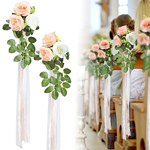 Giegxin 16 Pcs Wedding Aisle Decorations Pew Flower for Wedding Ceremony Aisle Chair Artificial Rose Chair Back Floral Dec...
