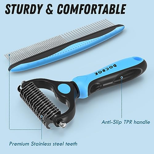 Docrok Pet Grooming Combo - Blue Deshedding Brush with Metal Comb for Detangling and Dematting Long, Matted Fur on Cats an...