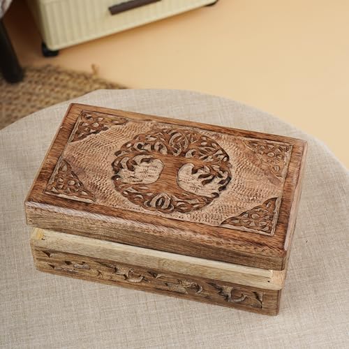 Ajuny Wooden Jewelry Box - Hand Carved Mango Wood Tree of Life Celtic Carving Decorative Multipurpose Keepsake Box, Treasu...