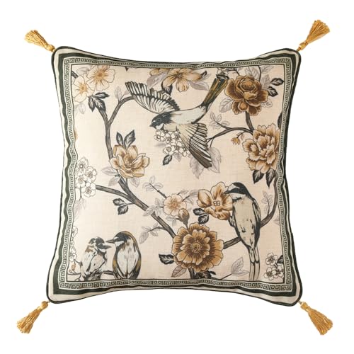 ISAENNE Design Linen Chinoiserie Square Throw Pillow Covers 18"x18", Farmhouse Cushion Covers with Yellow Floral Birds Pat...