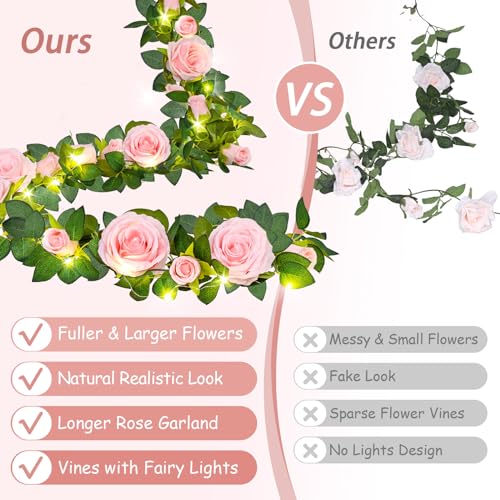 2 Pcs Flower Garland with 19.6 Ft Lights, 13.2 Ft Pink Floral Garland Fake Flowers for Wedding Arch Party Wall Garden Room...