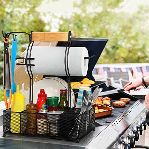 FANGSUN Grill Caddy, BBQ Caddy with Paper Towel Holder, Picnic Condiment Utensil Caddy for Outdoor Camping, Barbecue Acces...