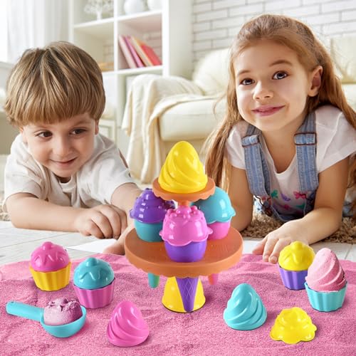 SupMLC Beach Toys Ice Cream Sand Toys - Toddlers Beach Essentials for Kids Girls Boys, Sand Molds, Shovels with Collapsibl...