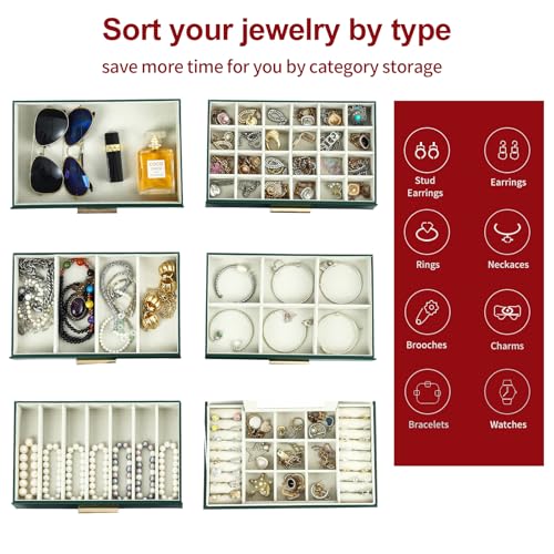 BOOVO Jewelry Box for Women, Green 6 Layer Large Jewelry Organizer with Glass Lid for Necklace, Bracelet, Earrings Storag...