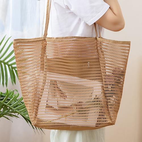 BESSKON Large Beach Bags for Women, Mesh Beach Tote with Zipper, Foldable Pool Tote Bag Travel Beachbag Waterproof Sandproof