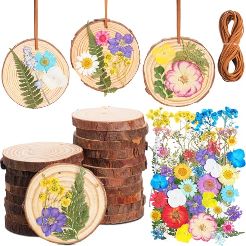 Maasechs 20 Set Spring DIY Wooden Crafts with Dried Pressed Flowers Leaves Unfinished Wood Slices Hanging Ornaments for Ar...
