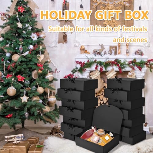 WLUSEAXI 12Pack Black Gift Boxes with Lids, 12×9.8×3.1 Inch Groomsmen Proposal Box, Luxury Black Gift Box with Ribbon for ...