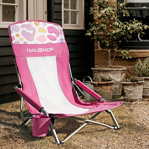HAUSHOF 2-Pack High Back Beach Chairs, Mesh Back Folding Chair, Lightweight Low Seat Camping Chairs with Cup Holder, Carry...