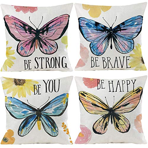 Wilproo Butterfly Decorative Throw Pillow Cover Set of 4, Cushion Cover Decorative Square Pillowcases Cotton Linen Cushion...