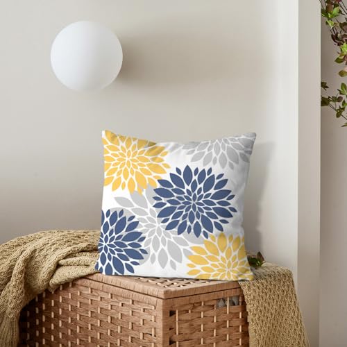 Navy Blue Yellow Pillow Covers 18x18 Inch , Spring Summer Geometric Elegant Dahlia Decorative Throw Pillows, Flower Outdoo...