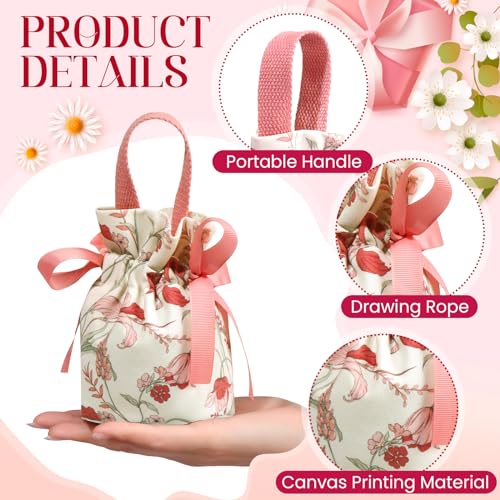 Liobelon 8 Pieces Floral Mini Gift Bags with Handles 14x9.5x6cm/5.5x3.7x2.3inch Canvas Small Candy Bag Tea Party Favor Bag...